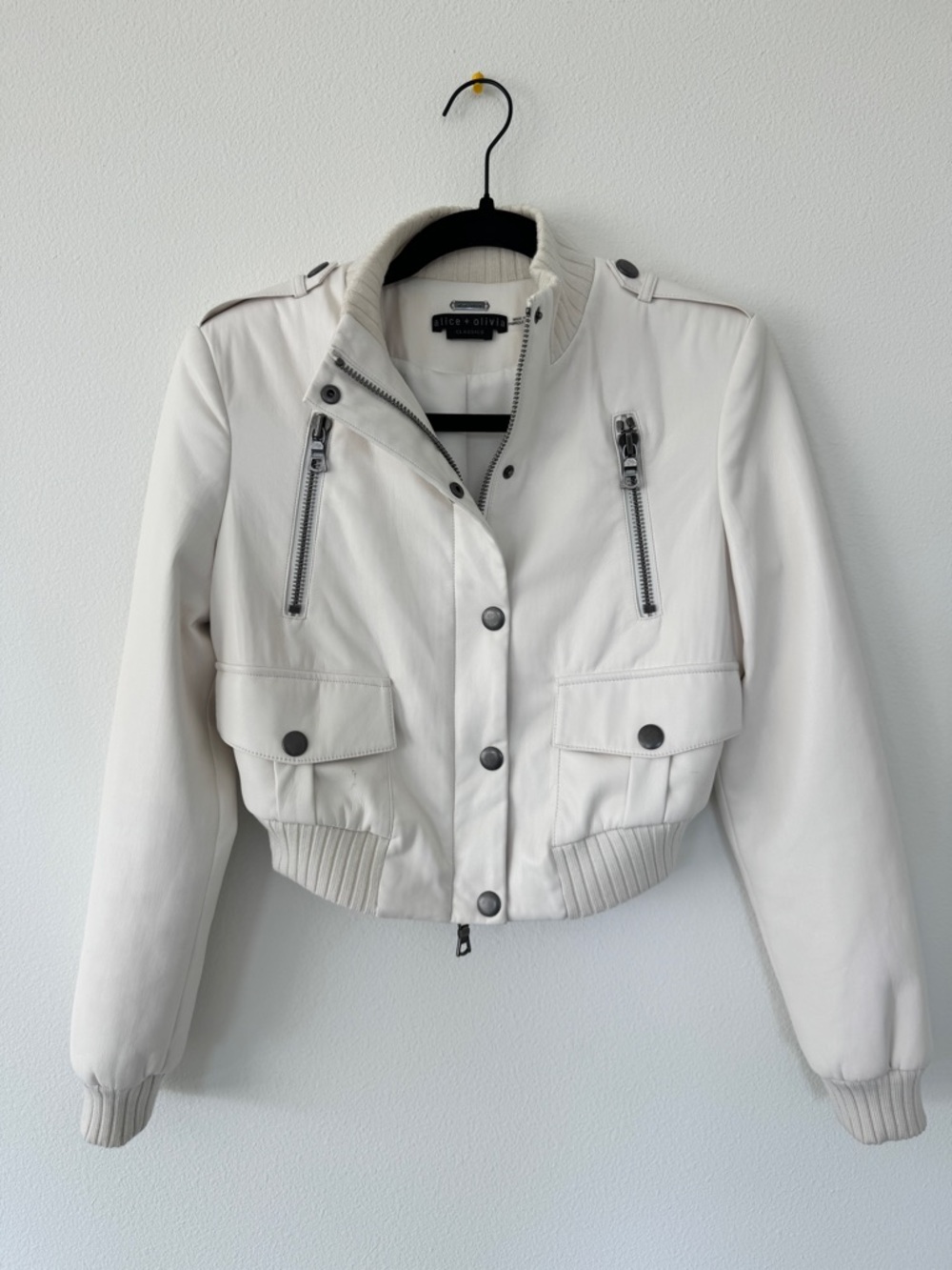 Alice + Olivia Off-White Leather Bomber Jacket with Ribbed Trim